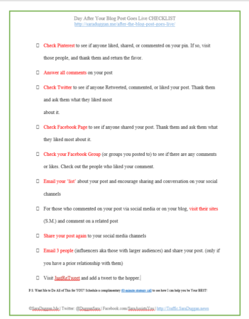 Free Download: The Day After Your Blog Post Goes Live Blog Promotion Checklist by SaraDuggan.Me