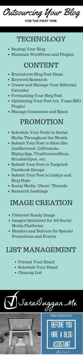 Infographic of sample tasks to outsource to your blogger's assistant as found on saraduggan.me/blog 